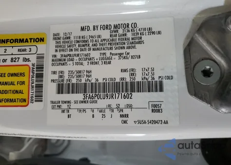 2018 Ford Fusion Se Hybrid z USA, uszkodzony, nr VIN 3FA6P0LU9JR171602